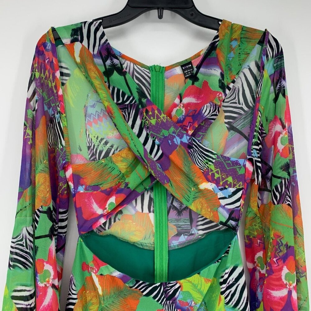 Shein Dress Maxi Hi Lo Cutout Green Tropical Print Long Sleeve NWT - Picture 6 of 16